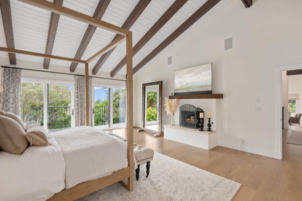 Bedroom, Fireplace, Interior, Wooden Beams, Wood Texture Flooring
