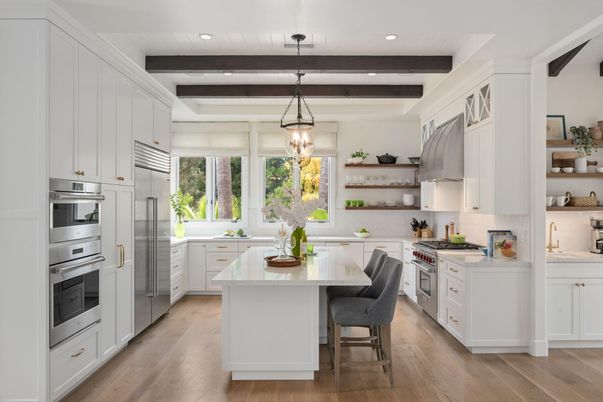Interior, Kitchen, Pendant Lights, Recessed Lighting, Stainless Steel Appliances, Wooden Beams, Wood Texture Flooring