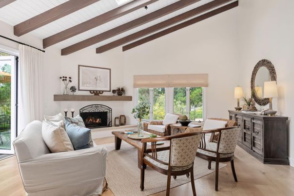 Dining room, Fireplace, Interior, Living room, Wooden Beams, Wood Texture Flooring
