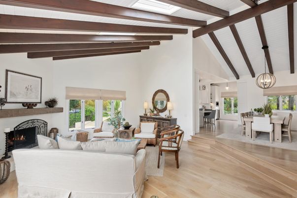 Dining room, Fireplace, Interior, Living room, Pendant Lights, Wooden Beams, Wood Texture Flooring