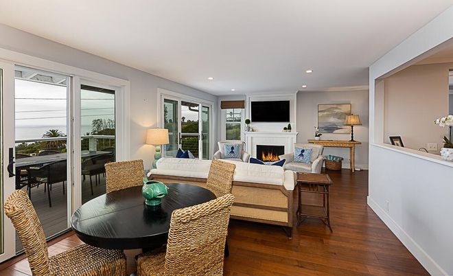 Dining room, Fireplace, Interior, Living room, Recessed Lighting, Wood Texture Flooring