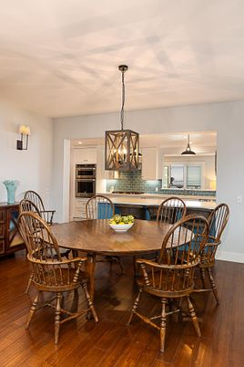 Dining room, Interior, Kitchen, Pendant Lights, Stainless Steel Appliances, Wood Texture Flooring