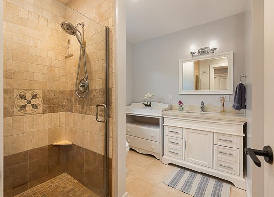 Bathroom, Glass Shower, Interior, Recessed Lighting