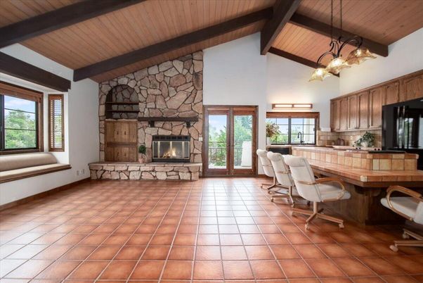 Fireplace, Interior, Kitchen, Pendant Lights, Stone Walls, Wooden Beams, Wooden Ceilings