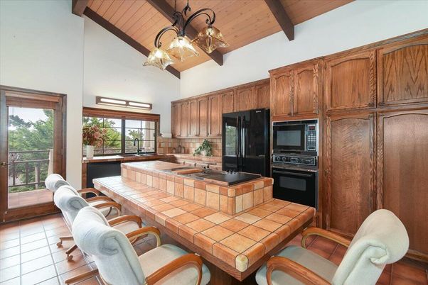 Chandelier, Interior, Kitchen, Tile Countertops, Wooden Beams, Wooden Ceilings