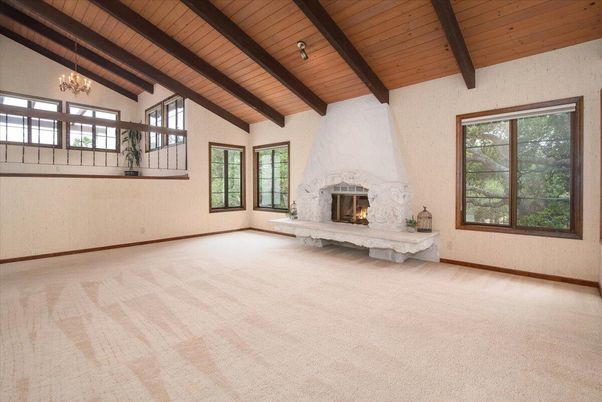 Chandelier, Empty room, Fireplace, Interior, Wooden Beams, Wooden Ceilings