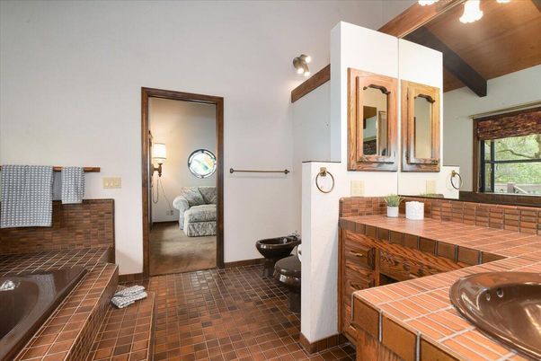 Bathroom, Dual Sink Vanities, Interior, Tile Countertops, Wooden Beams