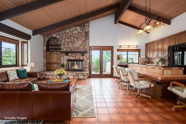 Fireplace, Interior, Kitchen, Living room, Pendant Lights, Stone Walls, Wooden Beams, Wooden Ceilings
