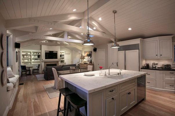 Dining room, Fireplace, Interior, Kitchen, Living room, Pendant Lights, Recessed Lighting, Wood Texture Flooring