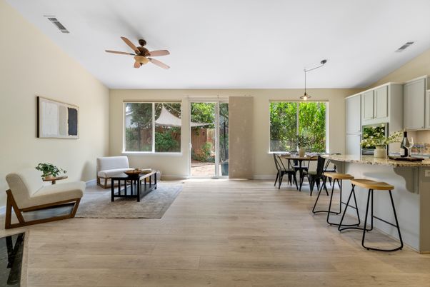 Dining room, Interior, Kitchen, Pendant Lights, Wood Texture Flooring
