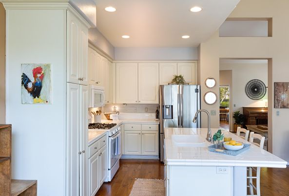 Interior, Kitchen, Recessed Lighting, Stainless Steel Appliances, Tile Countertops, Wood Texture Flooring
