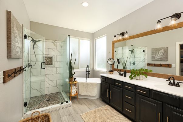 Bathroom, Dual Sink Vanities, Glass Shower, Interior, Marble Walls, Recessed Lighting, Wood Texture Flooring