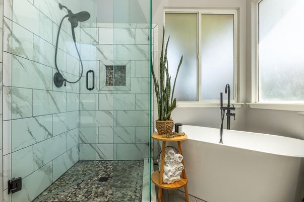 Bathroom, Free Standing Baths, Glass Shower, Interior, Marble Walls