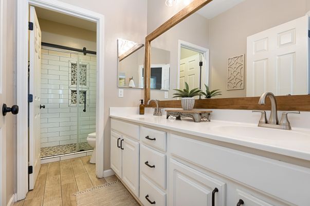 Bathroom, Dual Sink Vanities, Glass Shower, Interior, Wood Texture Flooring