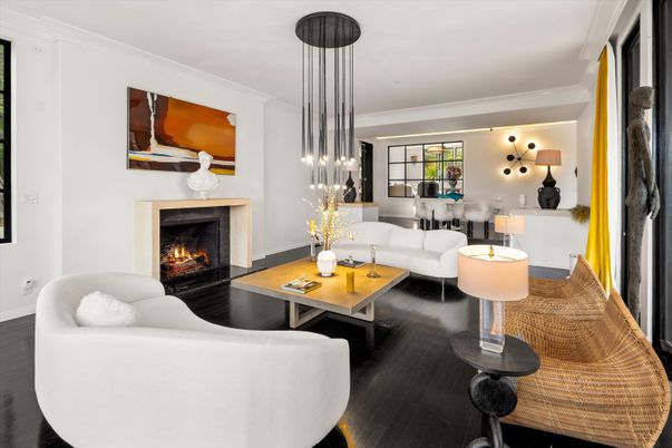 Fireplace, Interior, Living room, Pendant Lights, Wood Texture Flooring