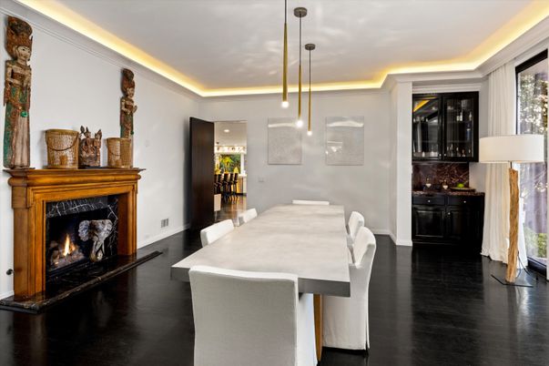 Dining room, Fireplace, Interior, Pendant Lights, Wood Texture Flooring