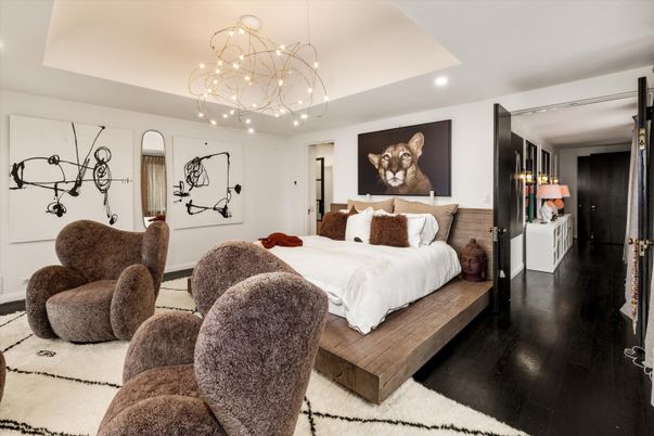 Bedroom, Interior, Pendant Lights, Recessed Lighting, Wood Texture Flooring