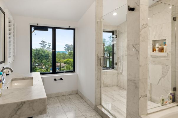 Bathroom, Glass Shower, Interior, Marble, Marble Walls, Recessed Lighting