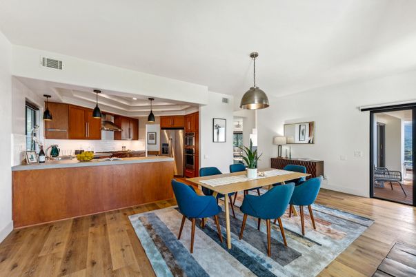 Dining room, Interior, Kitchen, Pendant Lights, Recessed Lighting, Stainless Steel Appliances, Wood Texture Flooring