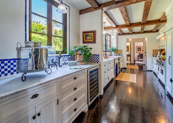 Interior, Kitchen, Pendant Lights, Wooden Beams, Wood Texture Flooring
