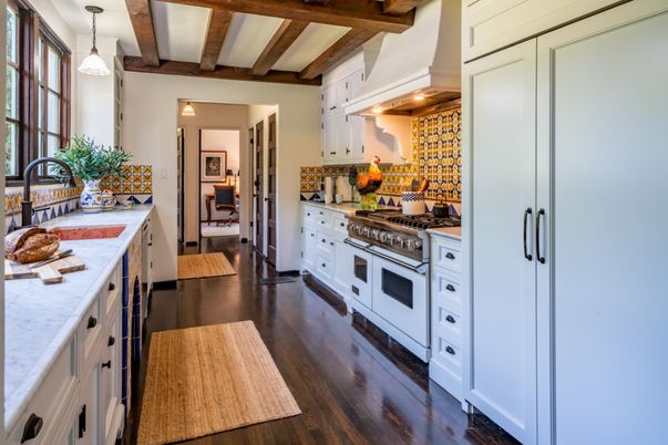 Interior, Kitchen, Pendant Lights, Stainless Steel Appliances, Wooden Beams, Wood Texture Flooring