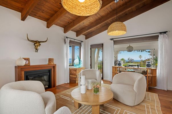 Fireplace, Interior, Living room, Pendant Lights, Wooden Beams, Wooden Ceilings, Wood Texture Flooring