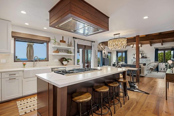 Chandelier, Dining room, Fireplace, Interior, Kitchen, Living room, Recessed Lighting, Stainless Steel Appliances, Wooden Beams, Wood Texture Flooring