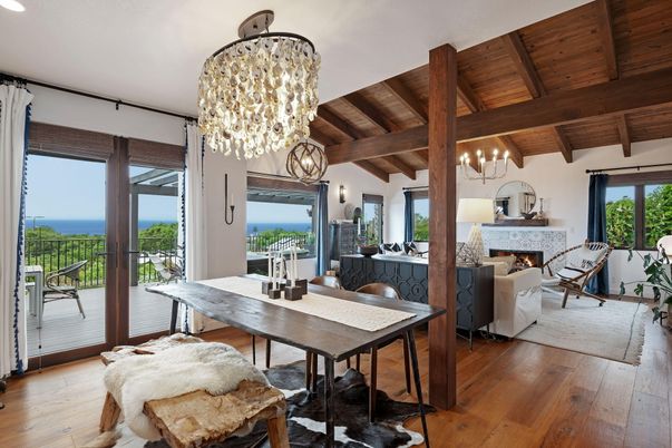 Dining room, Fireplace, Interior, Living room, Pendant Lights, Water, Wooden Beams, Wooden Ceilings, Wood Texture Flooring