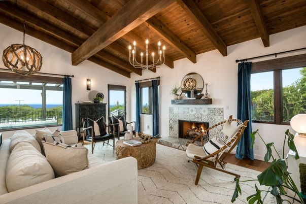 Chandelier, Fireplace, Interior, Living room, Pendant Lights, Wooden Beams, Wooden Ceilings, Wood Texture Flooring