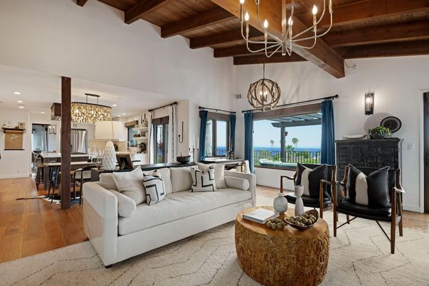 Chandelier, Dining room, Interior, Kitchen, Living room, Pendant Lights, Recessed Lighting, Stainless Steel Appliances, Wooden Beams, Wooden Ceilings, Wood Texture Flooring