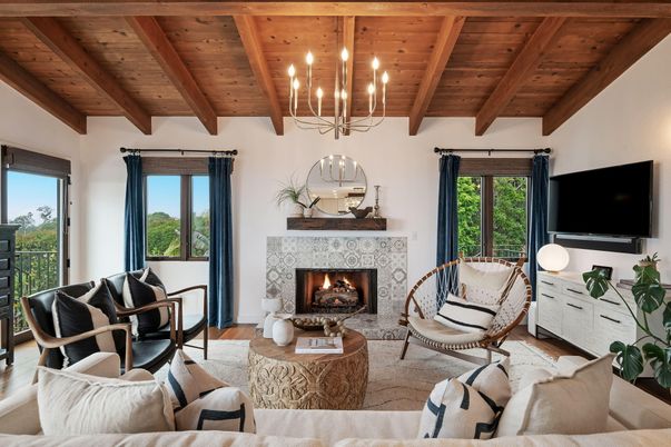 Chandelier, Fireplace, Interior, Living room, Wooden Beams, Wooden Ceilings, Wood Texture Flooring