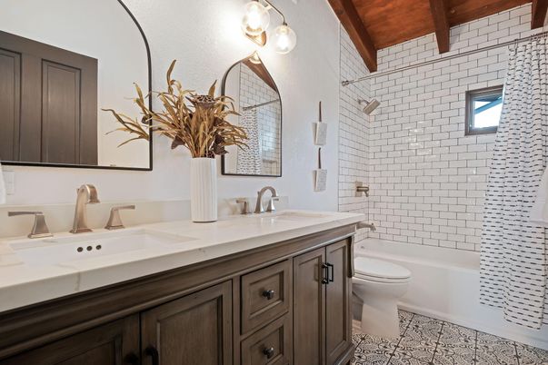 Bathroom, Dual Sink Vanities, Interior, Tile Countertops, Wooden Beams, Wooden Ceilings