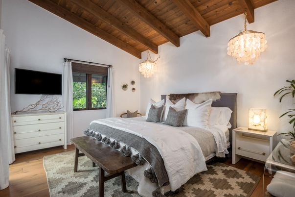 Bedroom, Interior, Pendant Lights, Wooden Beams, Wooden Ceilings, Wood Texture Flooring