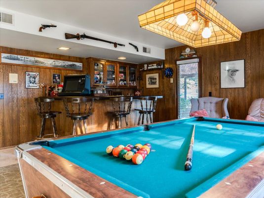 Billiard Table, Game Room, Interior, Recessed Lighting, Wooden Walls