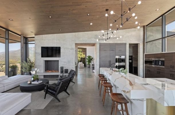 Fireplace, Interior, Kitchen, Living room, Pendant Lights, Recessed Lighting, Stainless Steel Appliances, Stone Walls, Wooden Ceilings