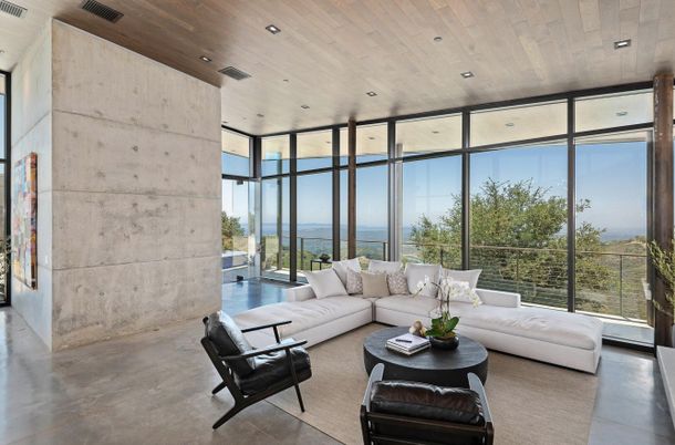 Interior, Living room, Recessed Lighting, Stone Walls, Water, Wooden Ceilings