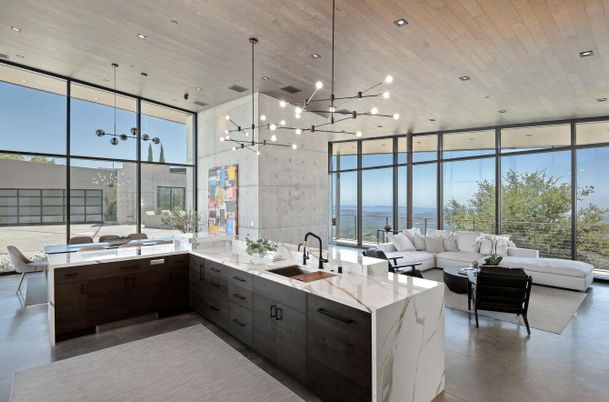 Interior, Kitchen, Living room, Pendant Lights, Recessed Lighting, Water, Wooden Ceilings