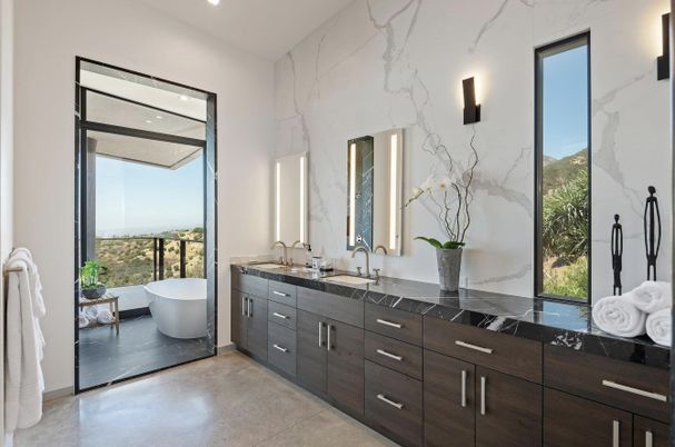 Bathroom, Dual Sink Vanities, Free Standing Baths, Interior, Marble Walls, Recessed Lighting