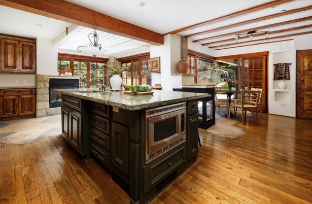 Dining room, Fireplace, Interior, Kitchen, Recessed Lighting, Wooden Beams, Wood Texture Flooring