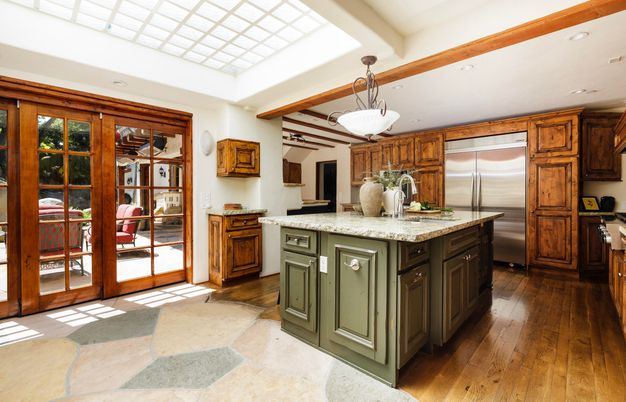Interior, Kitchen, Pendant Lights, Recessed Lighting, Stainless Steel Appliances, Wooden Beams, Wood Texture Flooring