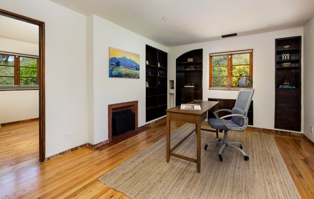 Fireplace, Home Office, Interior, Recessed Lighting, Wood Texture Flooring