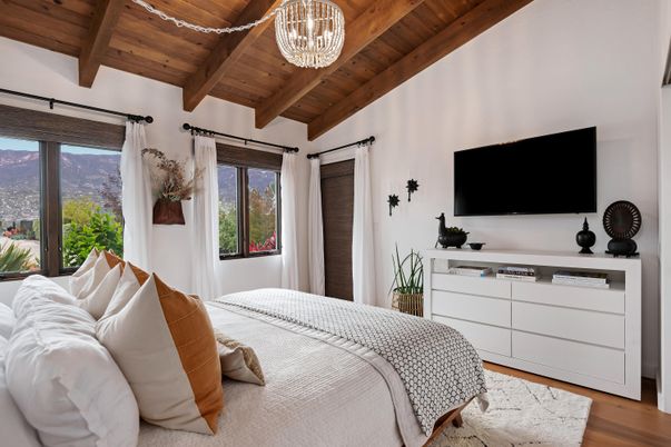 Bedroom, Chandelier, Interior, Wooden Beams, Wooden Ceilings, Wood Texture Flooring