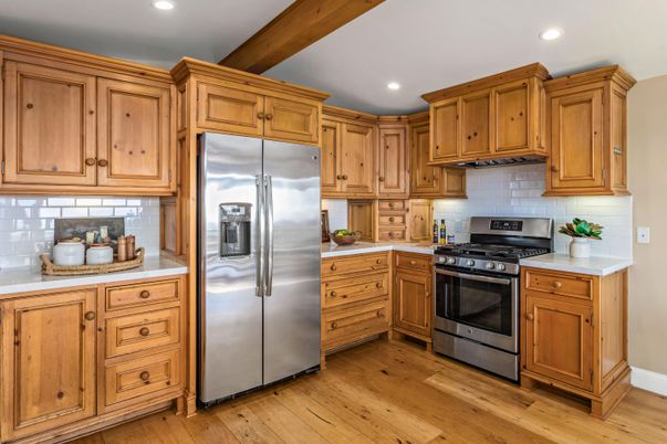Interior, Kitchen, Recessed Lighting, Stainless Steel Appliances, Wooden Beams, Wood Texture Flooring