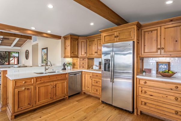 Interior, Kitchen, Recessed Lighting, Stainless Steel Appliances, Tile Countertops, Wooden Beams, Wooden Ceilings, Wood Texture Flooring