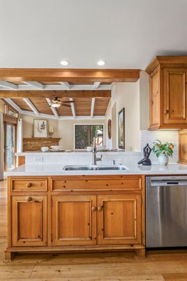 Interior, Kitchen, Recessed Lighting, Stainless Steel Appliances, Wooden Beams, Wooden Ceilings, Wood Texture Flooring