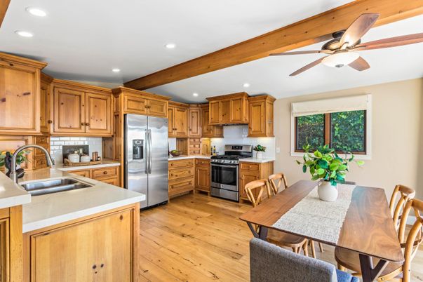 Dining room, Interior, Kitchen, Recessed Lighting, Stainless Steel Appliances, Wooden Beams, Wood Texture Flooring