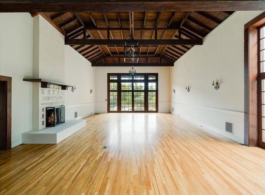 Empty room, Fireplace, Interior, Pendant Lights, Wooden Beams, Wooden Ceilings, Wood Texture Flooring