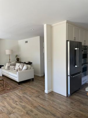 Interior, Kitchen, Living room, Recessed Lighting, Stainless Steel Appliances, Wood Texture Flooring