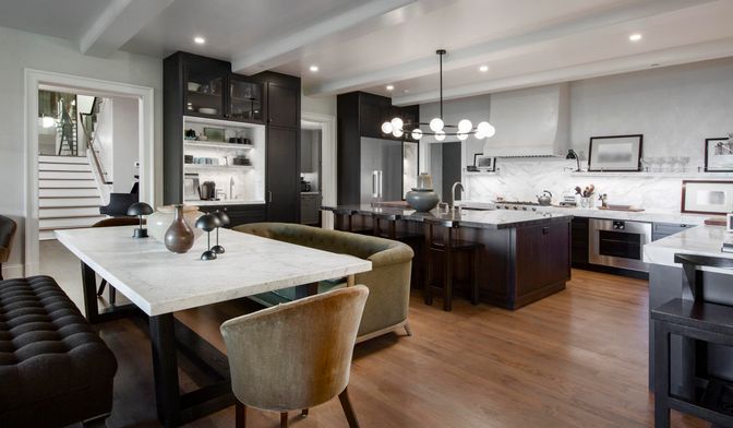 Interior, Kitchen, Marble Walls, Pendant Lights, Recessed Lighting, Stainless Steel Appliances, Wood Texture Flooring