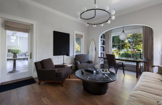 Home Office, Interior, Living room, Pendant Lights, Wood Texture Flooring